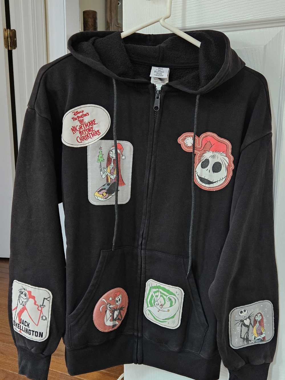 Nightmare Before Christmas Black Zip-Up Hoodie with Character Patch Appliqués
